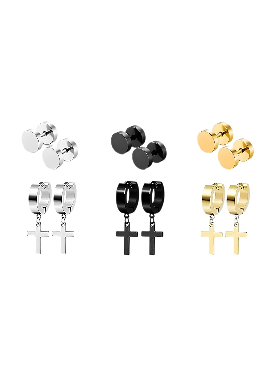 

KARISHMA KREATIONS Men Set Of 6 Stainless Steel Contemporary Studs and Drop Earrings, Gold