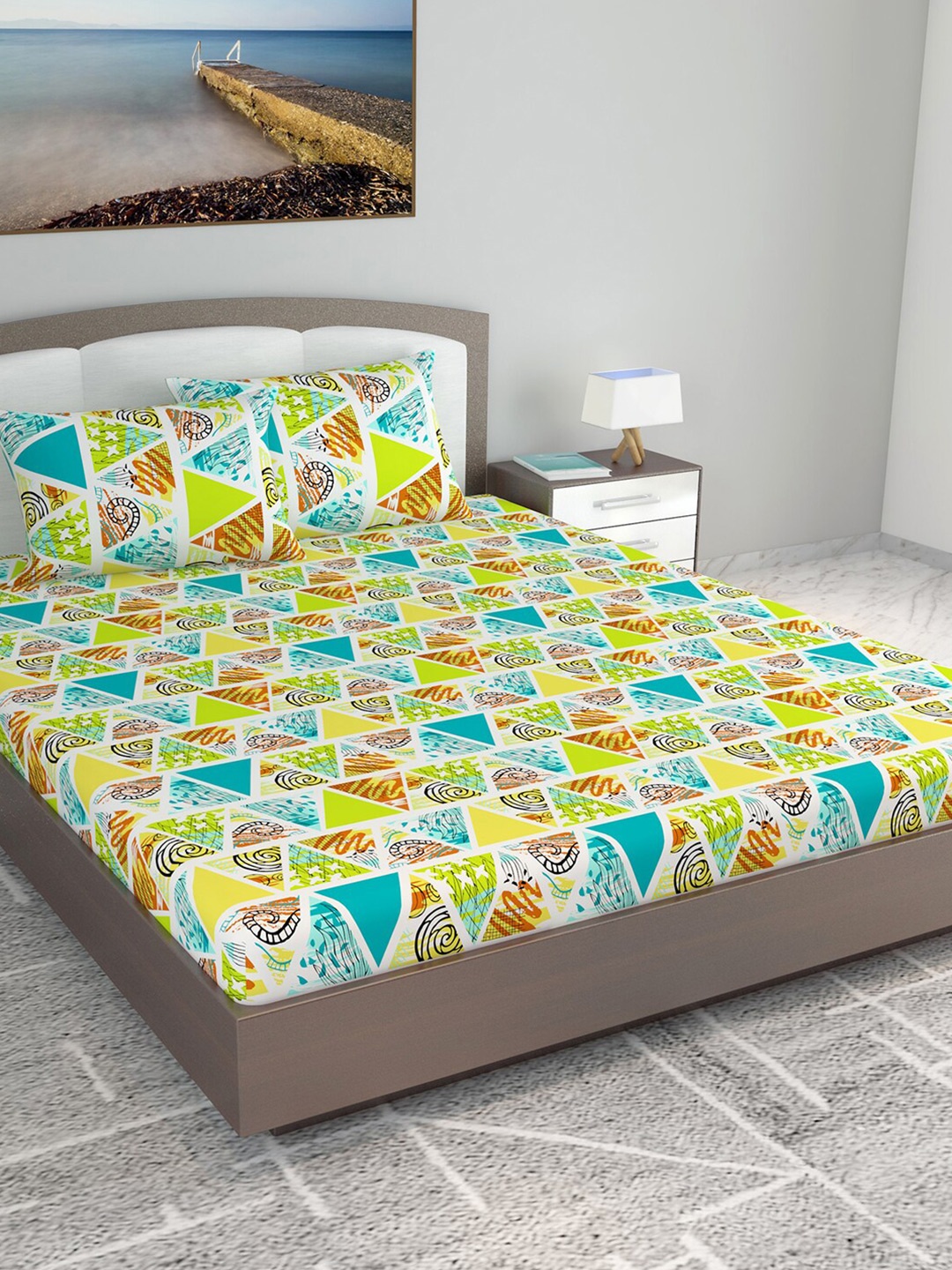 

Divine Casa Prisham Yellow & Blue Printed Cotton 144 TC King Bedsheet with 2 Pillow Covers