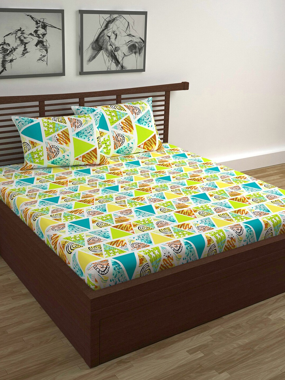 

Divine Casa Prisham Yellow Printed Pure Cotton 144 TC Queen Bedsheet With 2 Pillow Covers