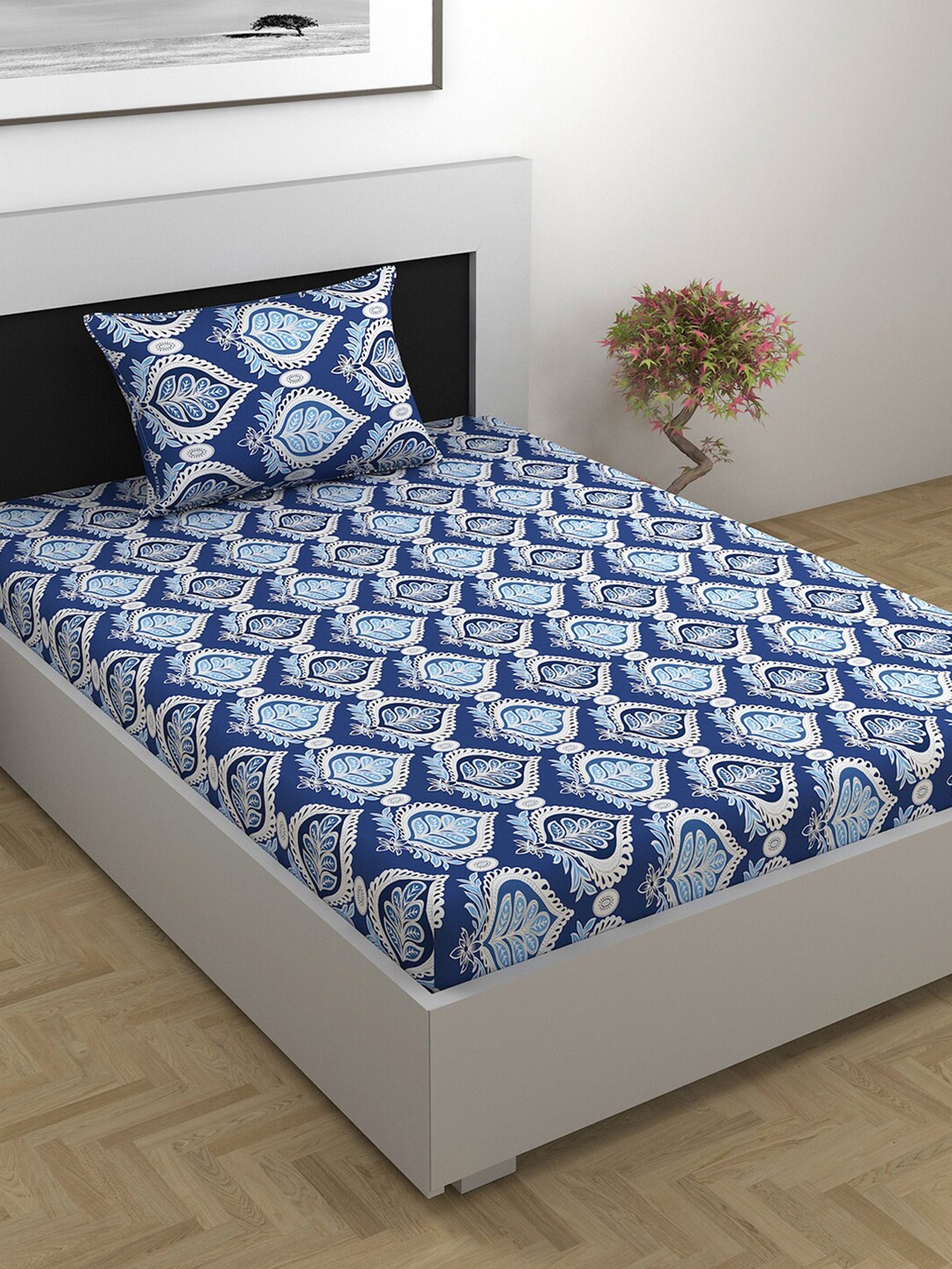 

Divine Casa Prisham Blue Printed Pure Cotton 144 TC Single Bedsheet with 1 Pillow Cover