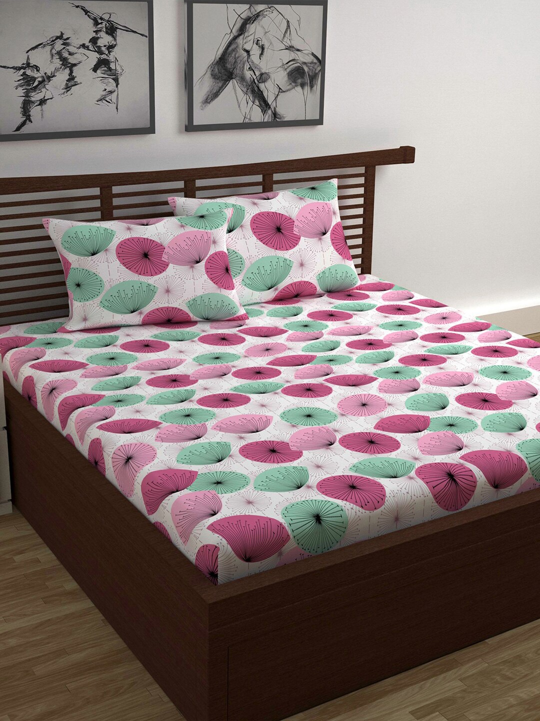 

Divine Casa Prisham White & Pink Floral Cotton 144 TC Queen Bedsheet With 2 Pillow Covers