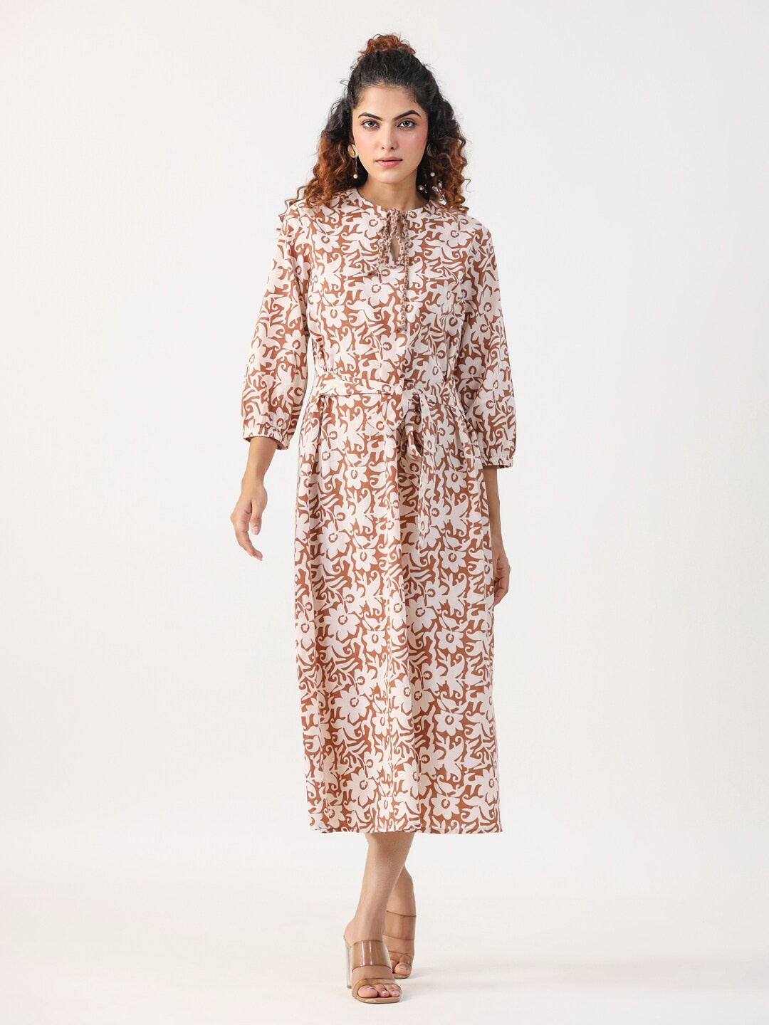 

SANSKRUTIHOMES Floral Printed Puffed Sleeves Tie-Ups Pure Cotton A-Line Dress, Rust