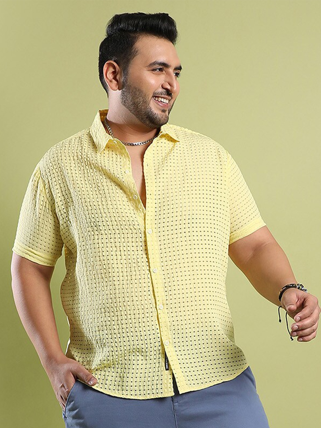 

Instafab Plus Men Plus Size Classic Micro Ditsy Printed Casual Cotton Shirt, Yellow