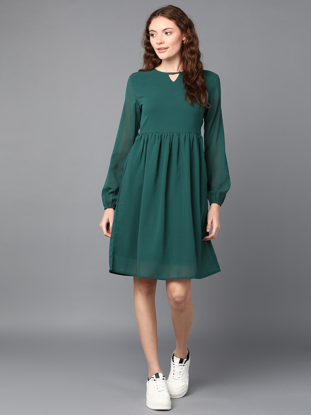

Roadster Green Puff Sleeves Georgette Fit and Flare Dress
