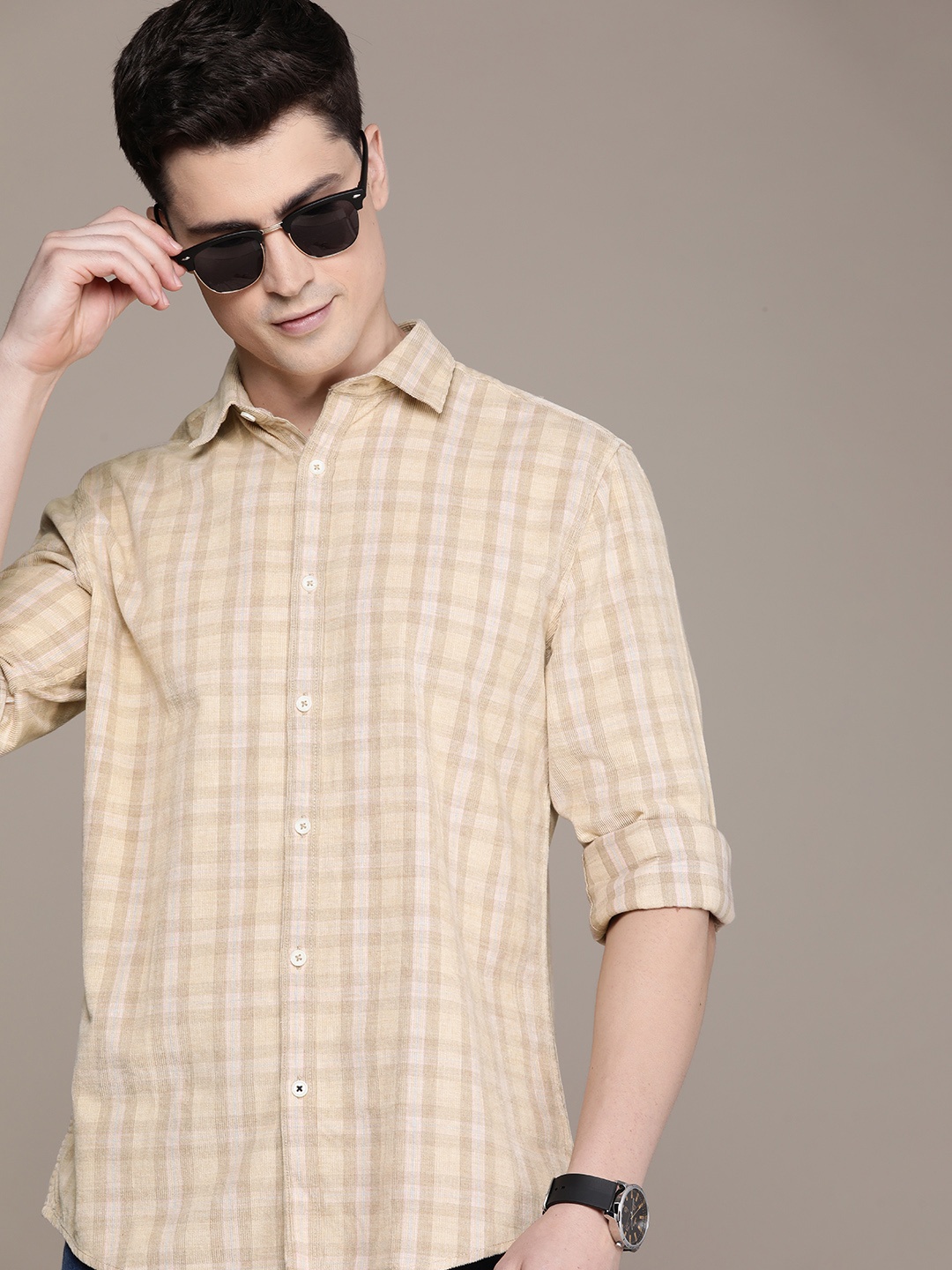 

French Connection Slim Fit Opaque Checked Pure Cotton Casual Shirt, Beige