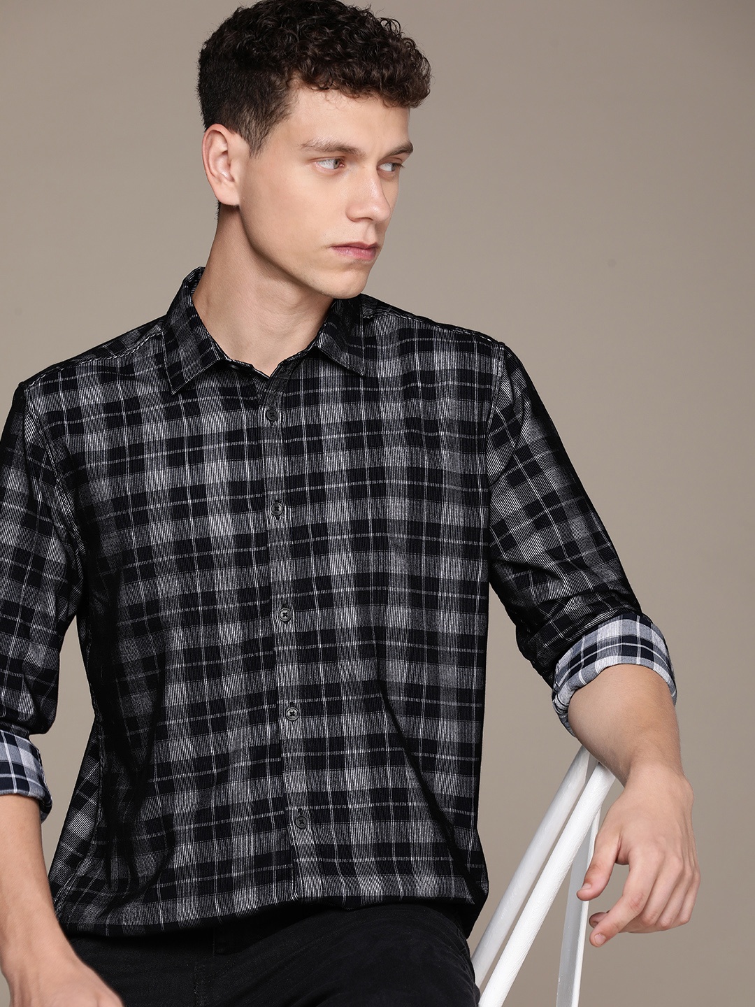 

French Connection Men Pure Cotton Tartan Checks Checked Casual Shirt, Black