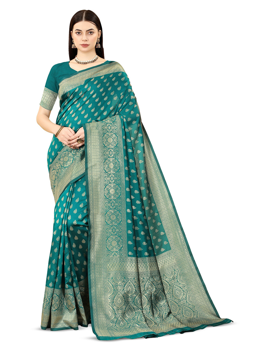 

DWIZA ENTERPRISE Ethnic Motif Woven Design Zari Banarasi Saree, Teal