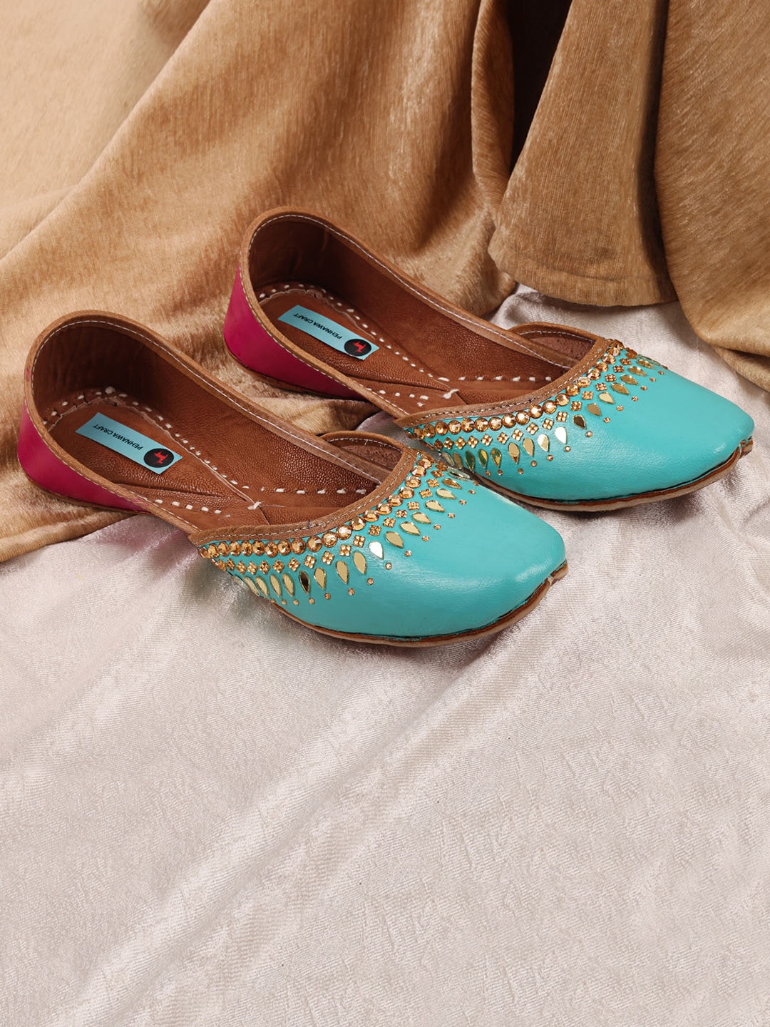 

PehnawaCraft Square Toe Ethnic Embellished Leather Mojaris, Turquoise blue