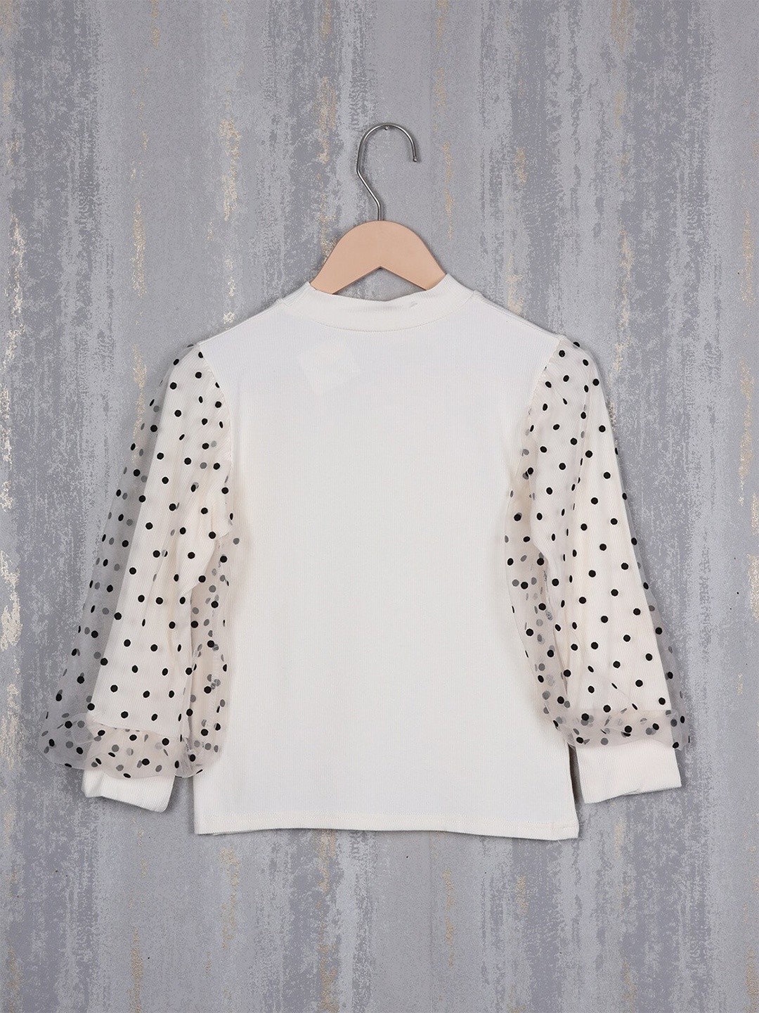 

Albion Girls Polka Dot Printed Ribbed Woolen Top, Cream