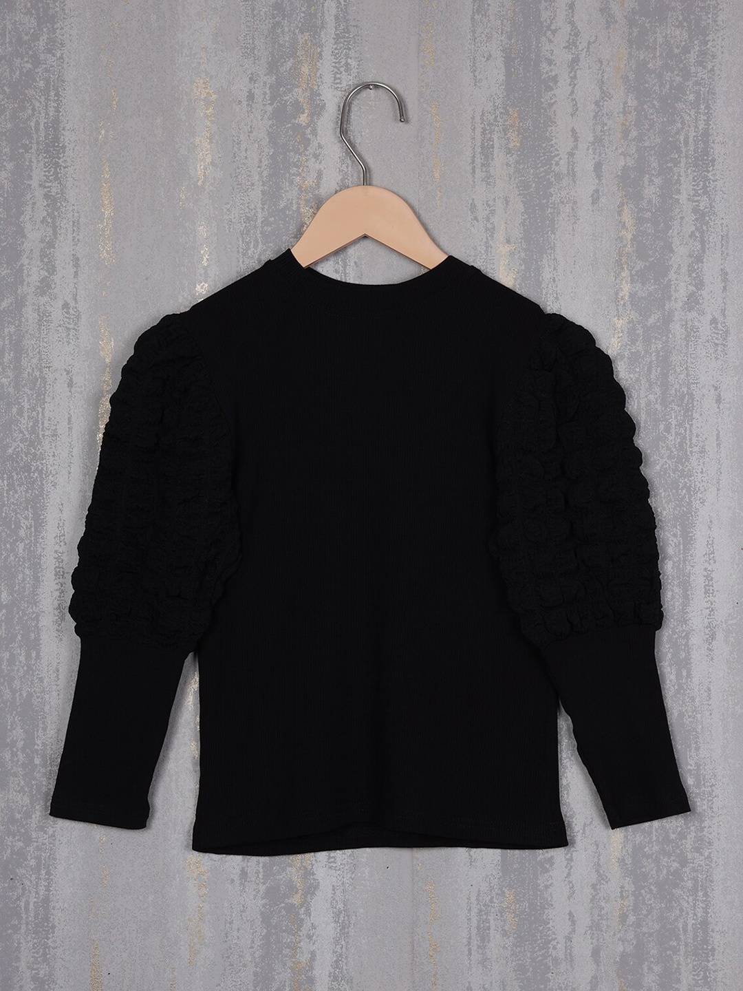 

Albion Girls Ribbed Puff Sleeves Woolen Top, Black