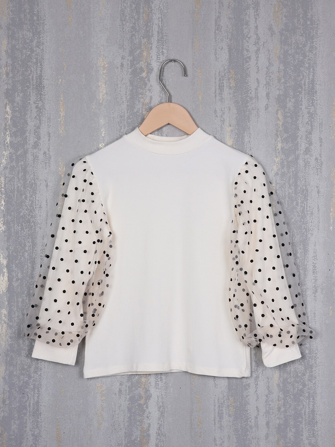 

Albion Girls Polka Dot Printed Puff Sleeves Woollen Top, Cream