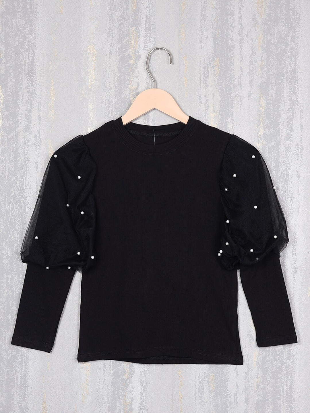 

Albion Girls Embellished Puff Sleeves Woollen Top, Black