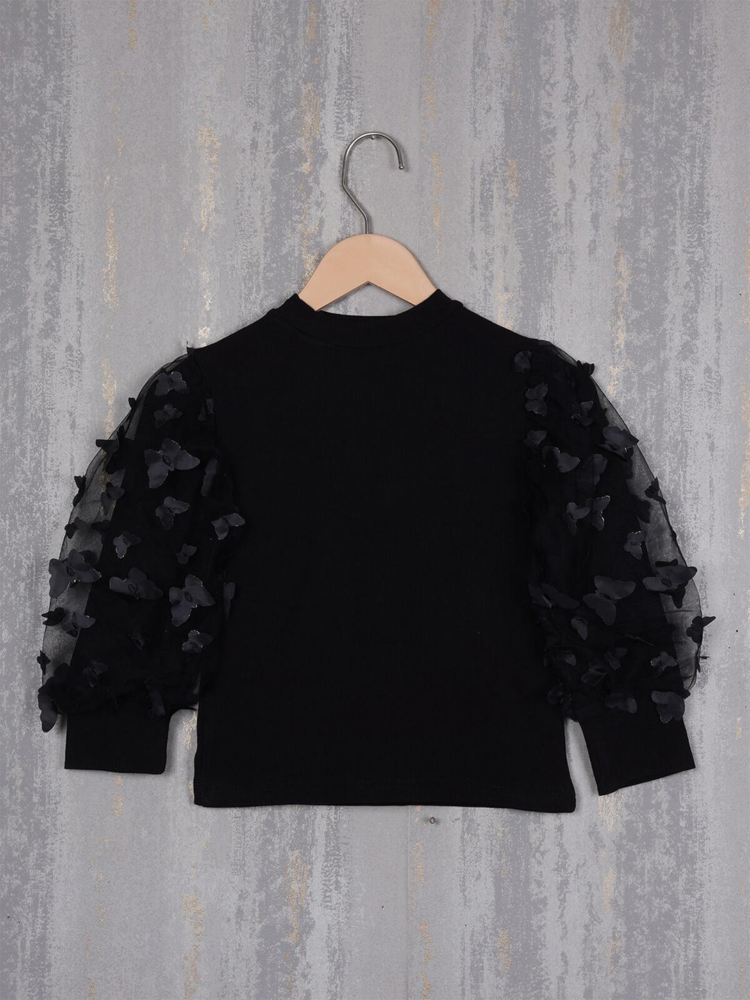 

Albion Girls Ribbed Puff Sleeves Woolen Top, Black