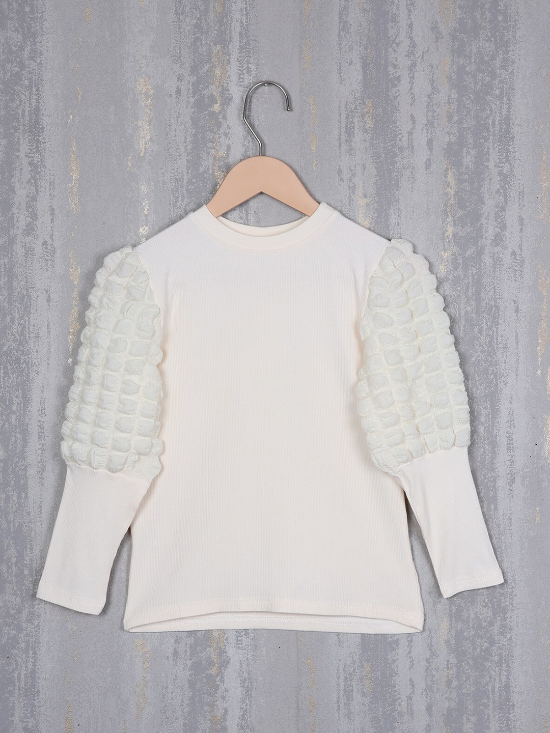 

Albion Girls Ribbed Puff Sleeves Woolen Top, Cream