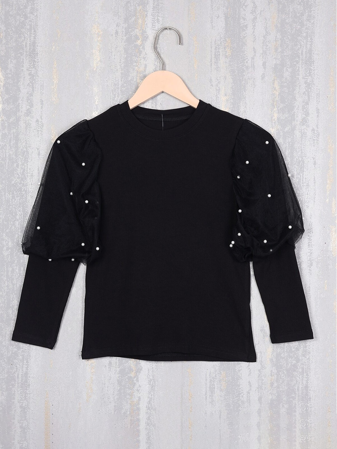 

Albion Girls Embellished Puff Sleeves Woollen Top, Black