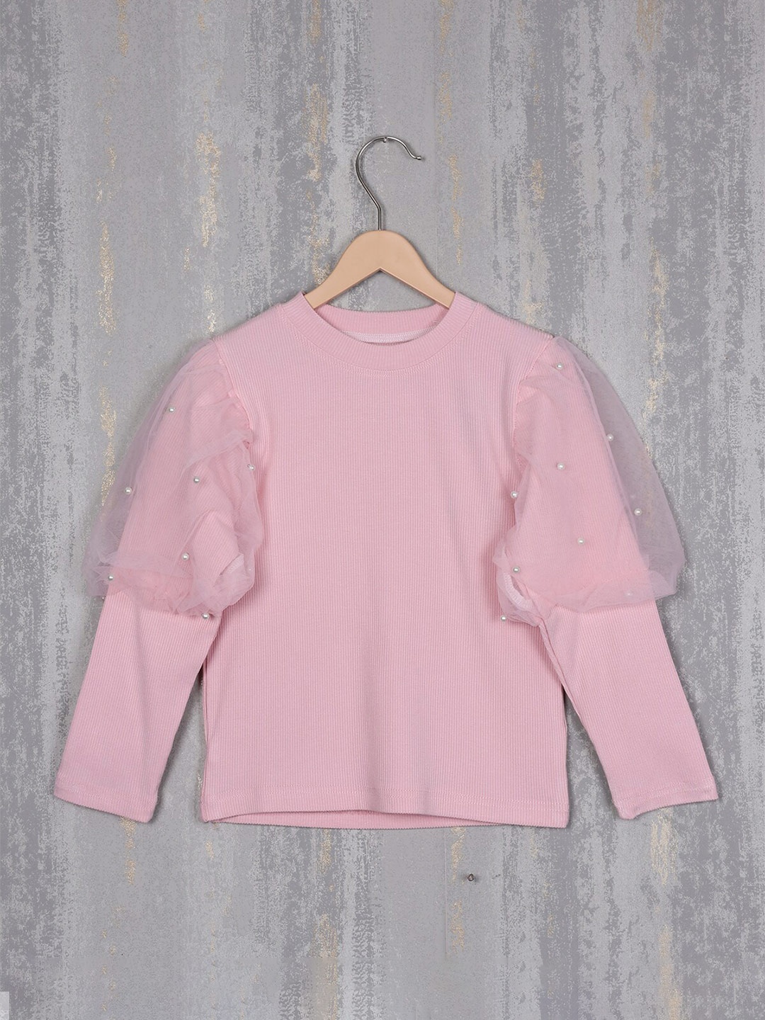 

Albion Girls Beads Embellished Puff Sleeves Round Neck Woollen Top, Pink
