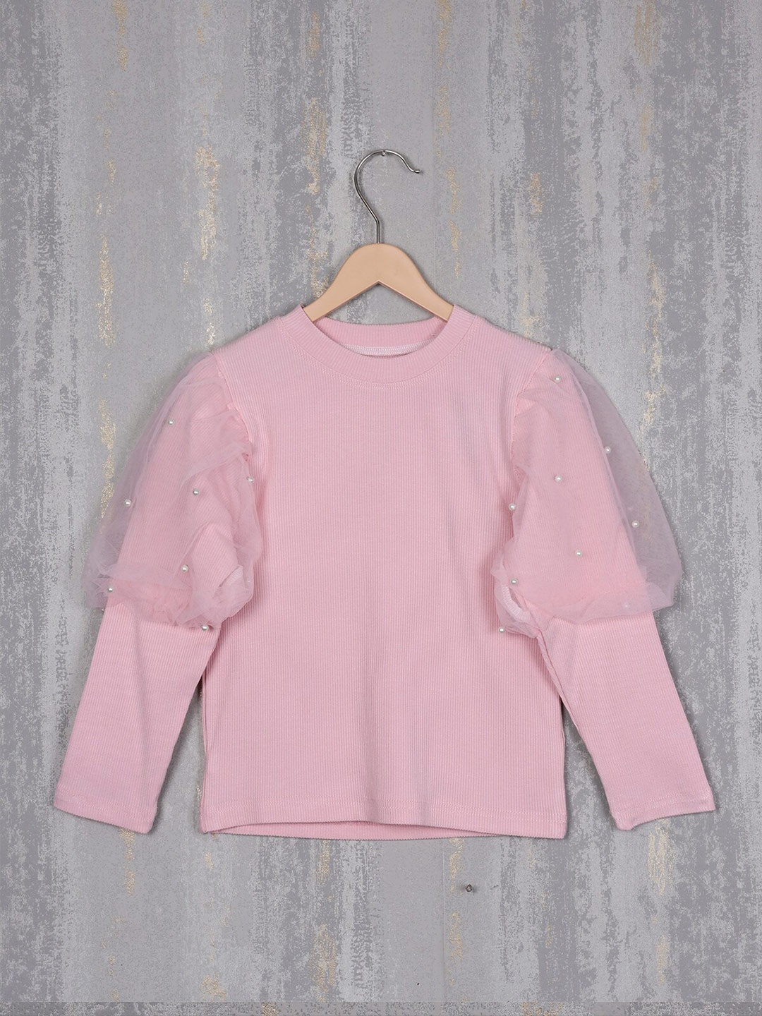 

Albion Girls Round Neck Puff Sleeves Woollen Top, Pink