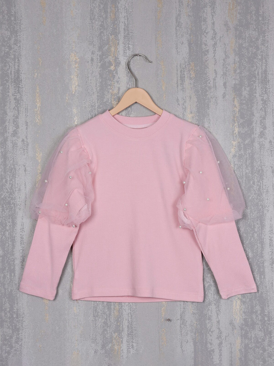 

Albion Girls Embellished Puff Sleeves Woolen Top, Pink