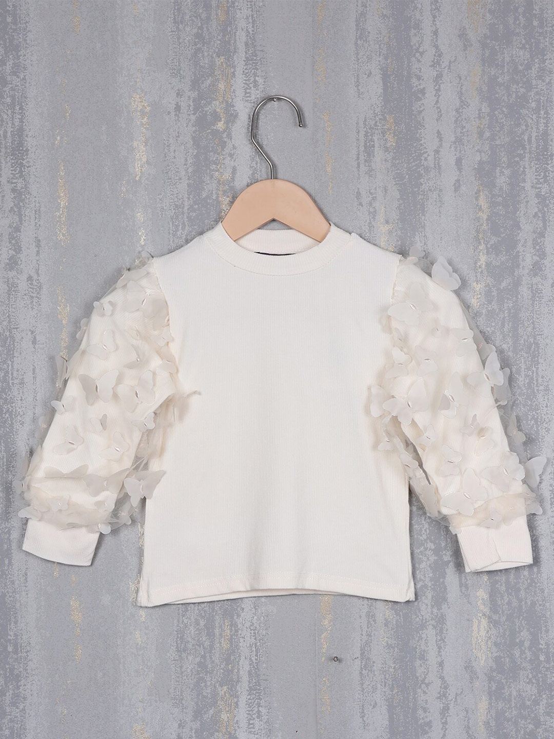 

Albion Girls Applique Puff Sleeves Woollen Top, Cream