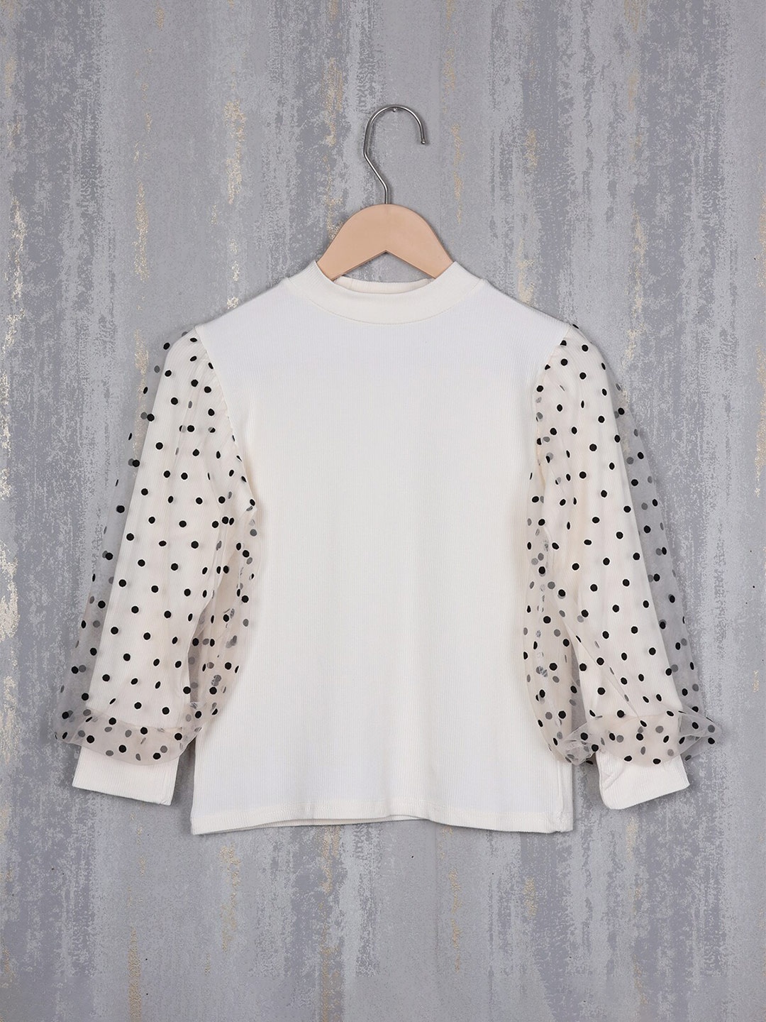

Albion Girls Polka Dot Printed Ribbed Woolen Top, Cream