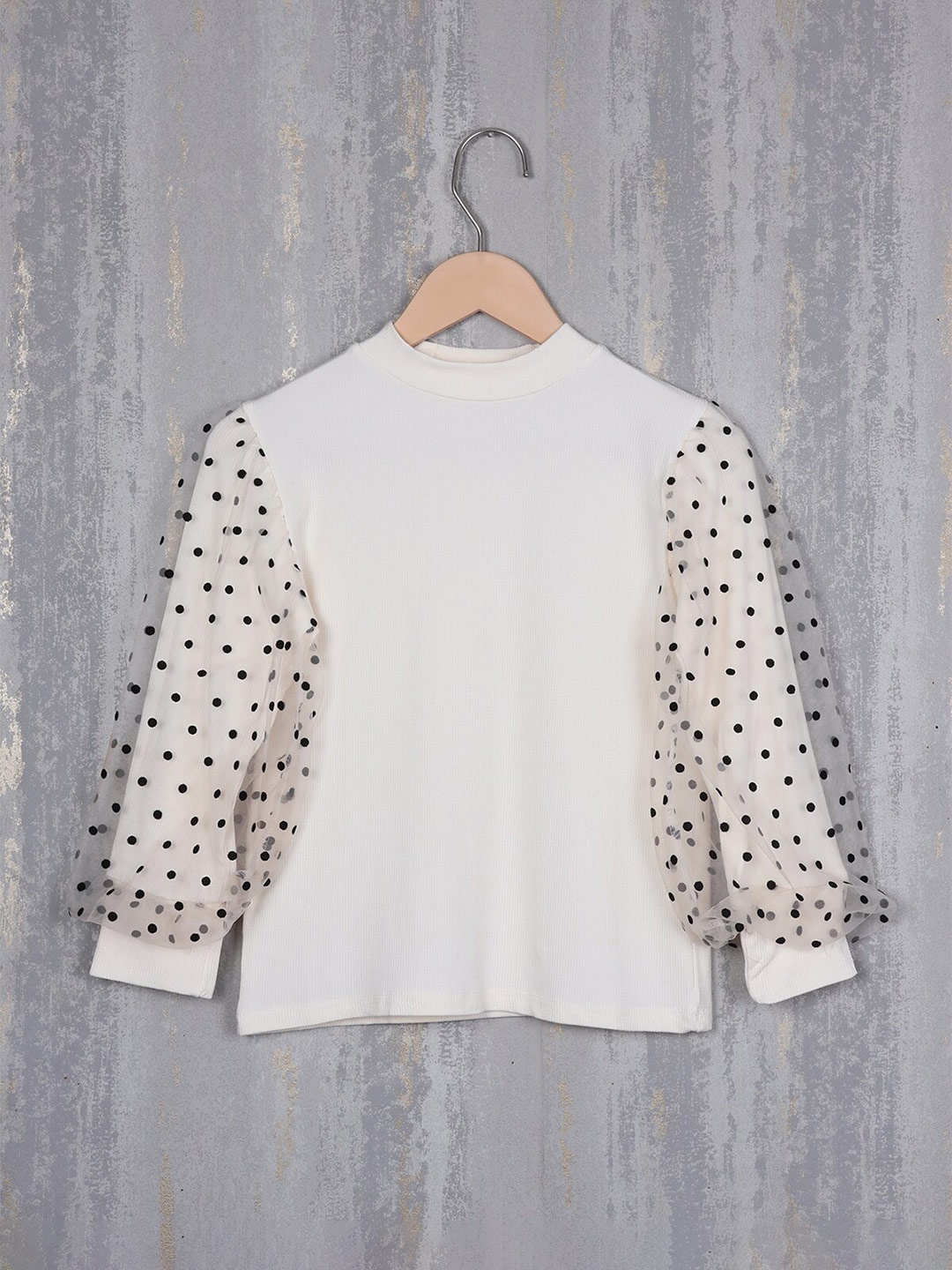 

Albion Girls Polka Dots Printed Puff Sleeves Woollen Top, Cream