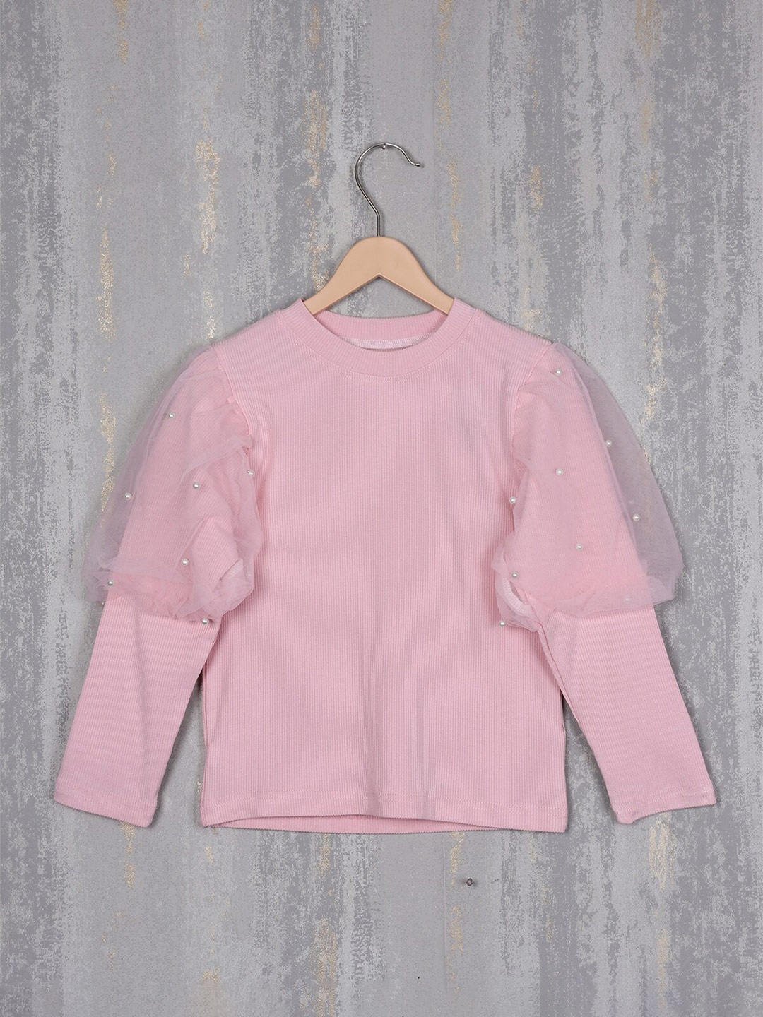 

Albion Girls Ribbed Puff Sleeves Woolen Top, Pink