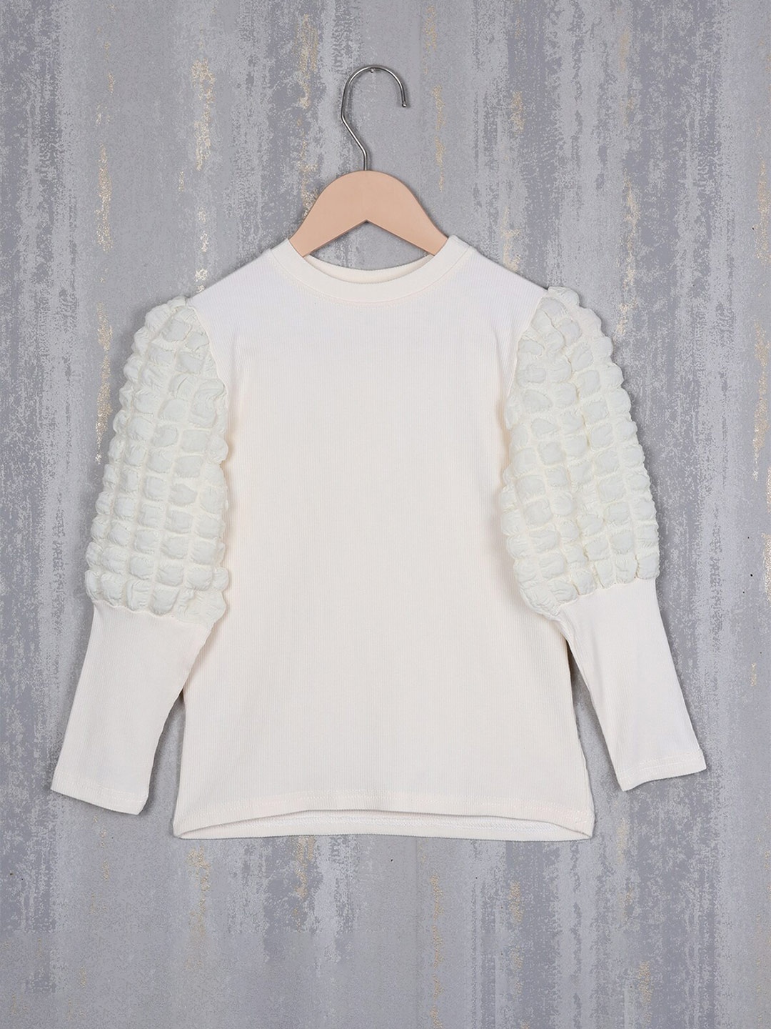 

Albion Girls Ribbed Puff Sleeves Woolen Top, Cream