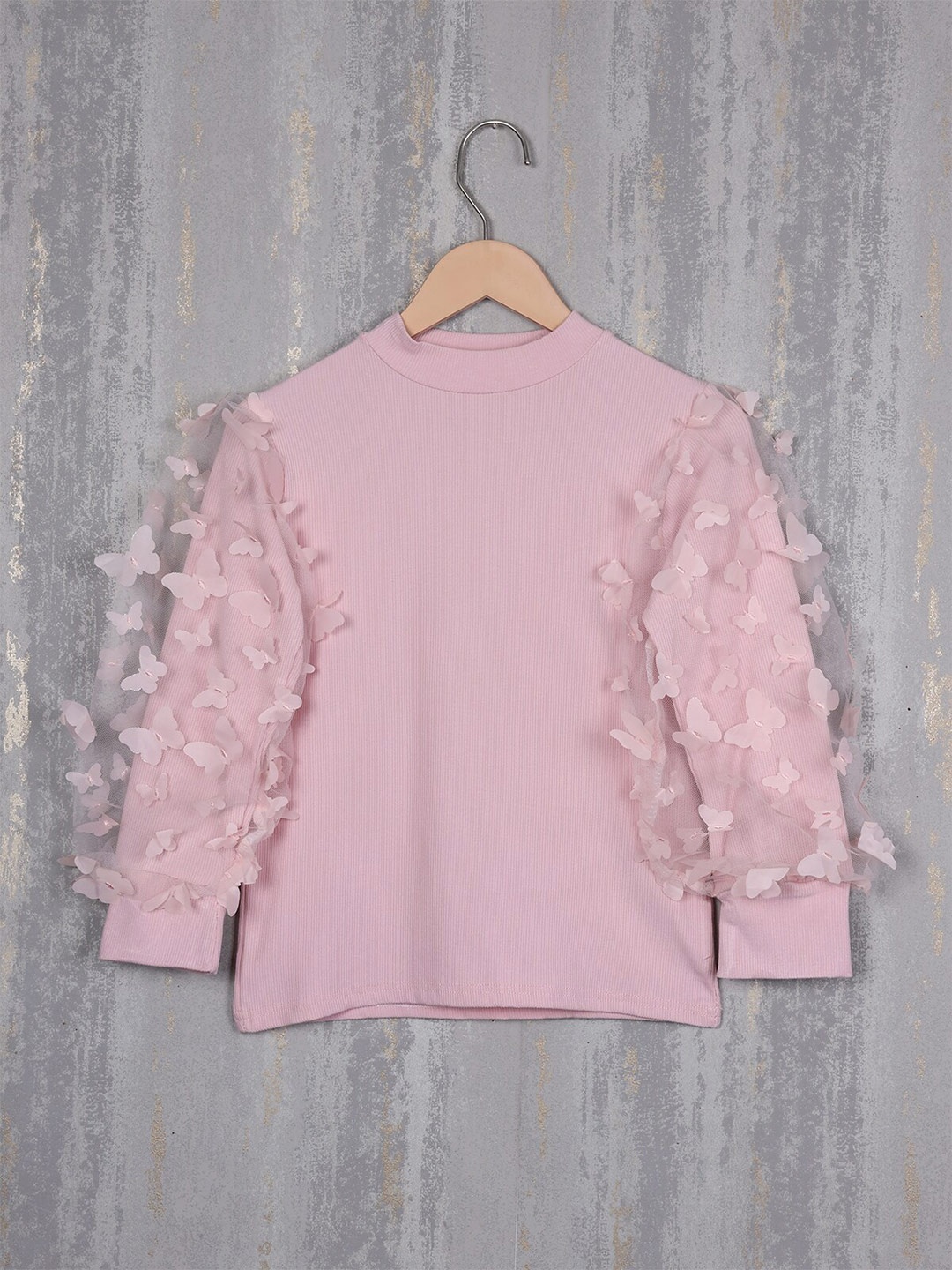 

Albion Girls Ribbed Puff Sleeves Woolen Top, Pink