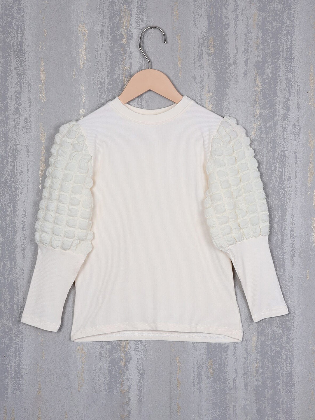 

Albion Girls Self Design Puff Sleeves Woolen Top, Cream