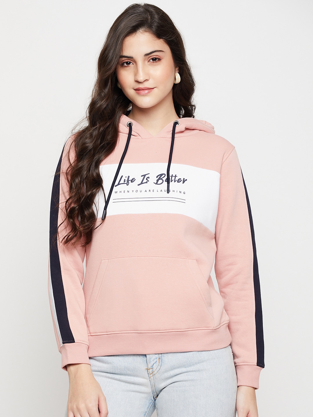 

Cantabil Typography Printed Hooded Pullover Fleece Sweatshirt, Peach