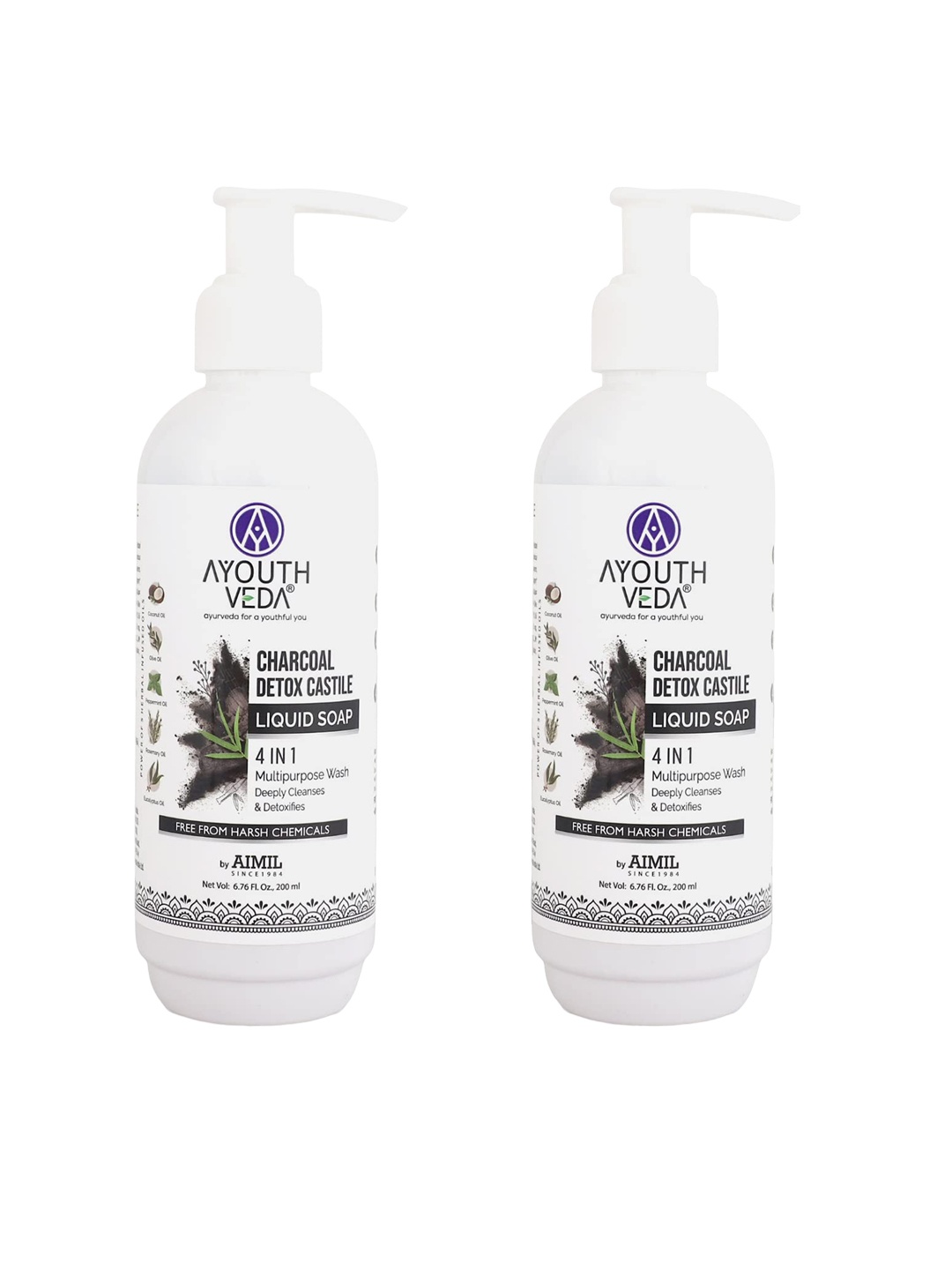 

AYOUTHVEDA Set of 2 Charcoal Detox Castile 4 in 1 Liquid Soap - 200 ml Each, White