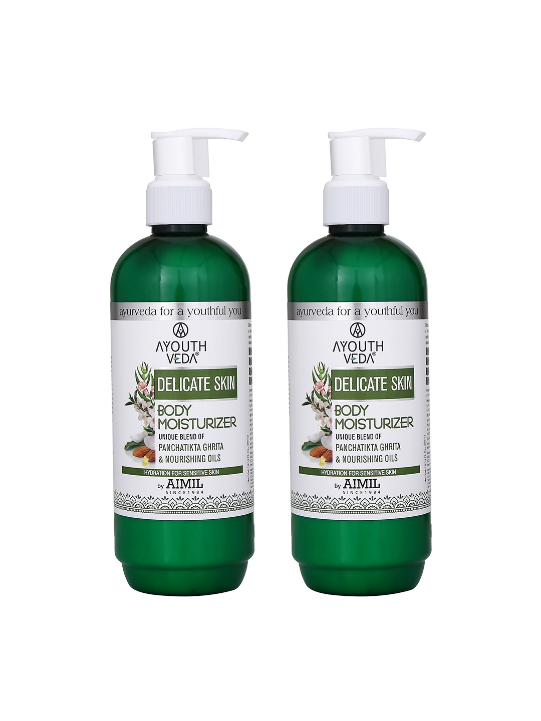 

AYOUTHVEDA Set of 2 Delicate Skin Body Moisturiser with Panchatikta Ghrita - 300 ml each, Green