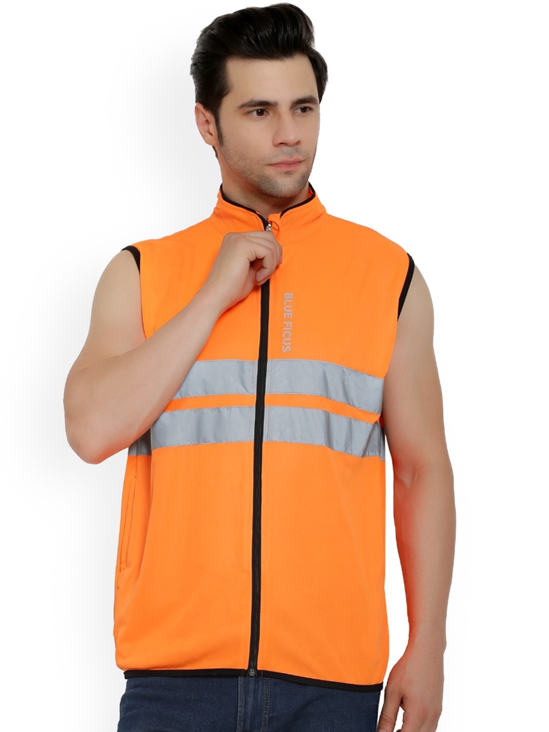 

BLUEFICUS Striped Reflective Strip Dry Fit Tailored Jacket, Orange