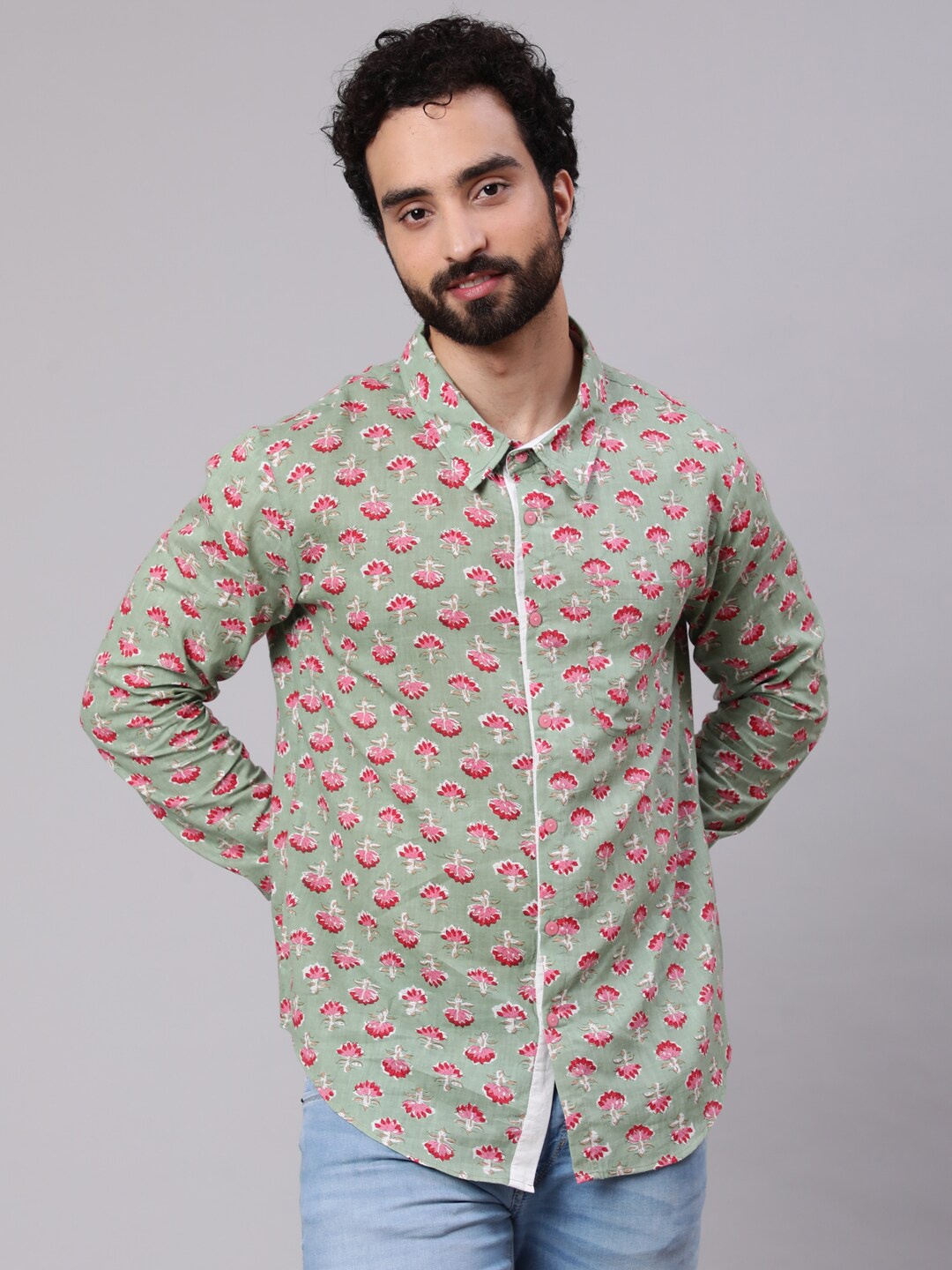 

AKS Floral Printed Spread Collar Long Sleeve Cotton Casual Shirt, Green