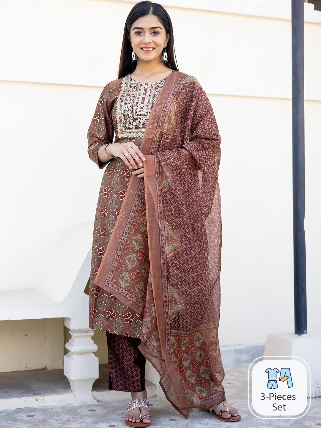 

misbis Ethnic Motifs Printed Gotta Patti Thread Work Kurta with Trousers & Dupatta, Rust