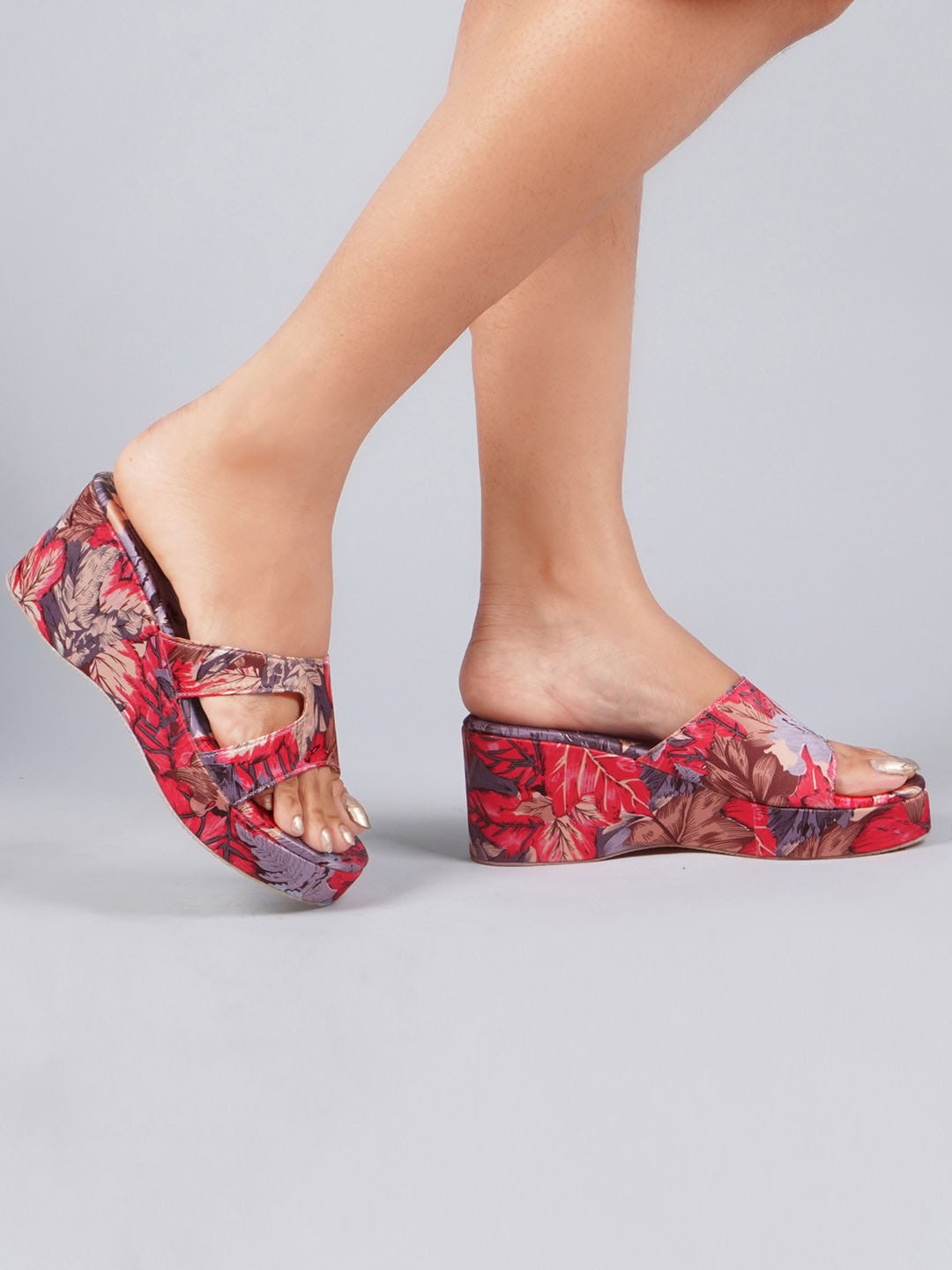 

JM Looks Printed Open Toe Wedge Heels, Red
