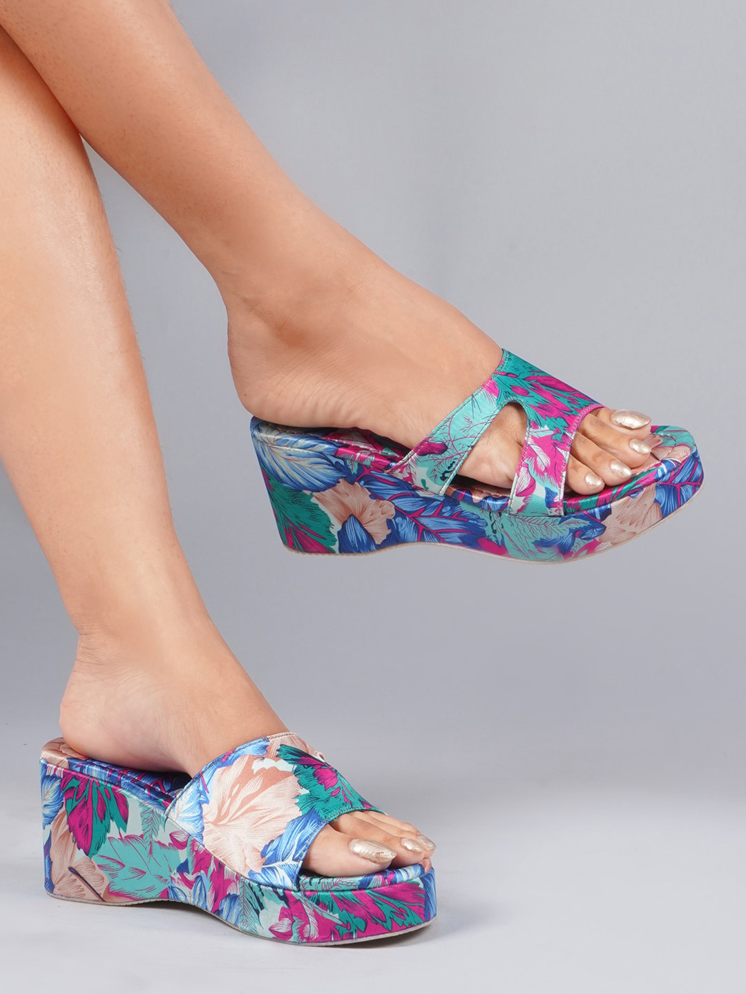 

JM Looks Floral Printed Wedge Heels, Blue