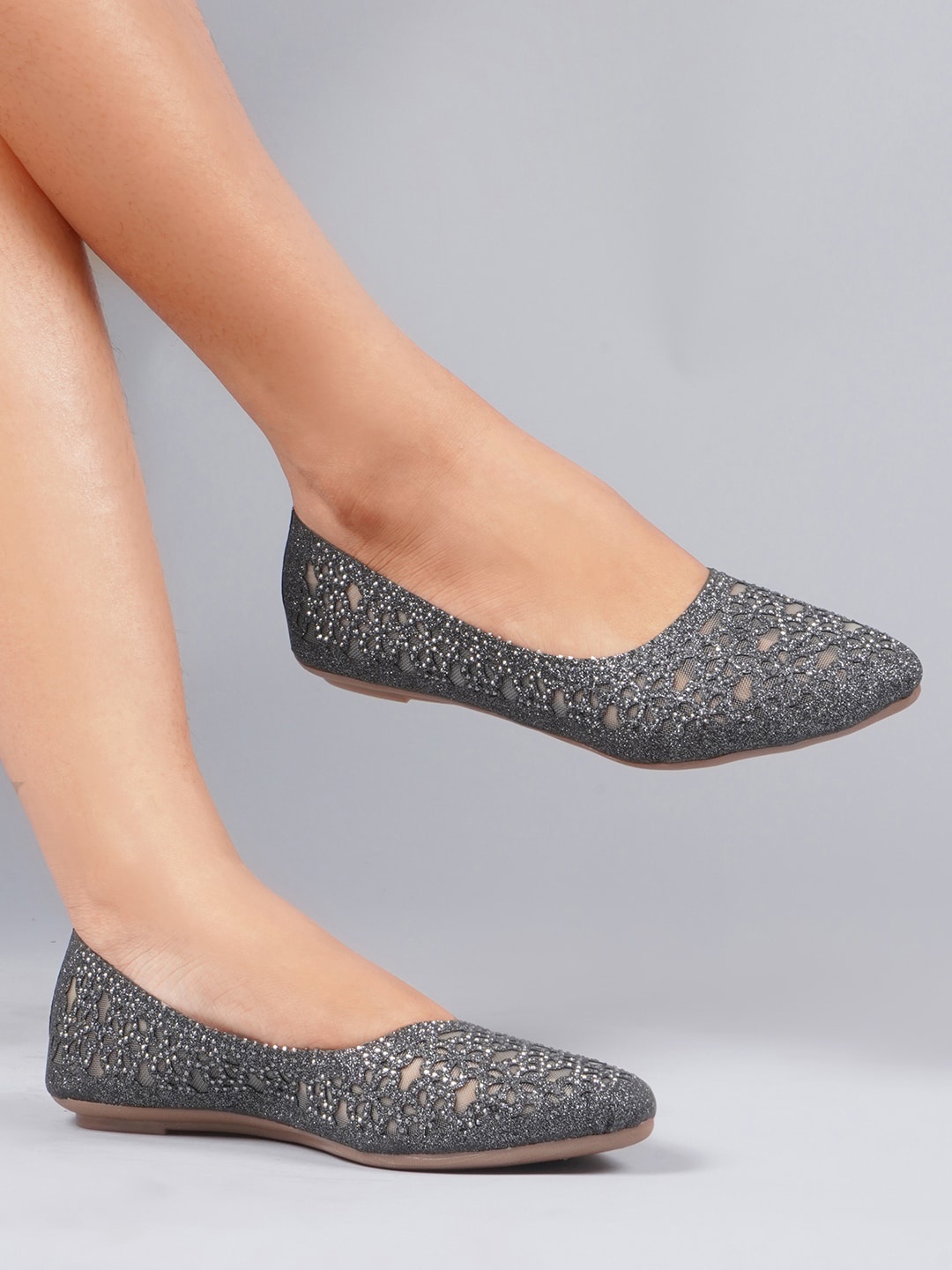 

JM Looks Embellished Pointed Toe Ballerinas, Grey