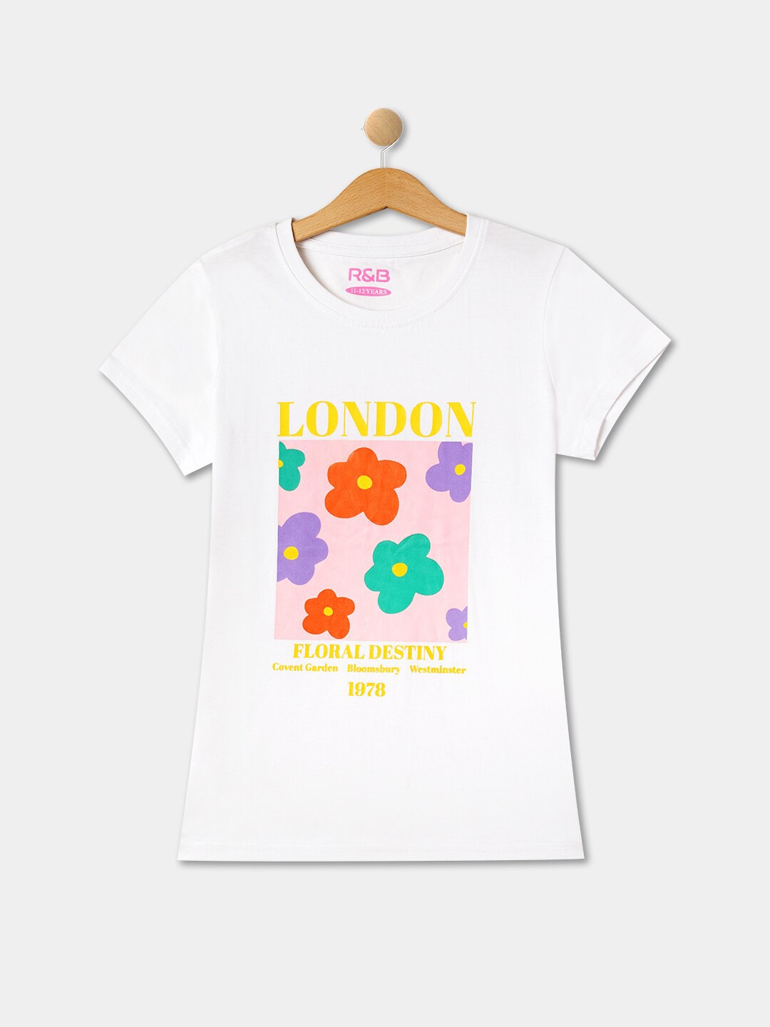 

R&B Girls Floral Printed Relaxed Fit Cotton T-shirt, White