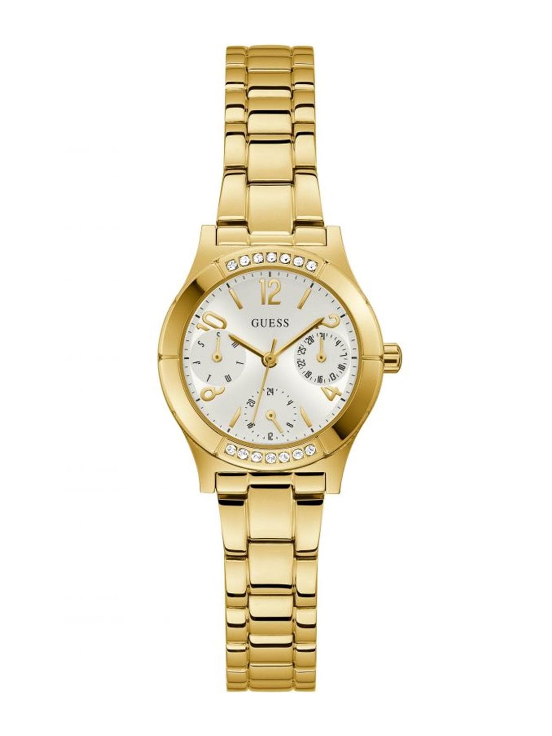 

GUESS Women Printed Dial & Stainless Steel Bracelet Style Straps Analogue Watch, Gold