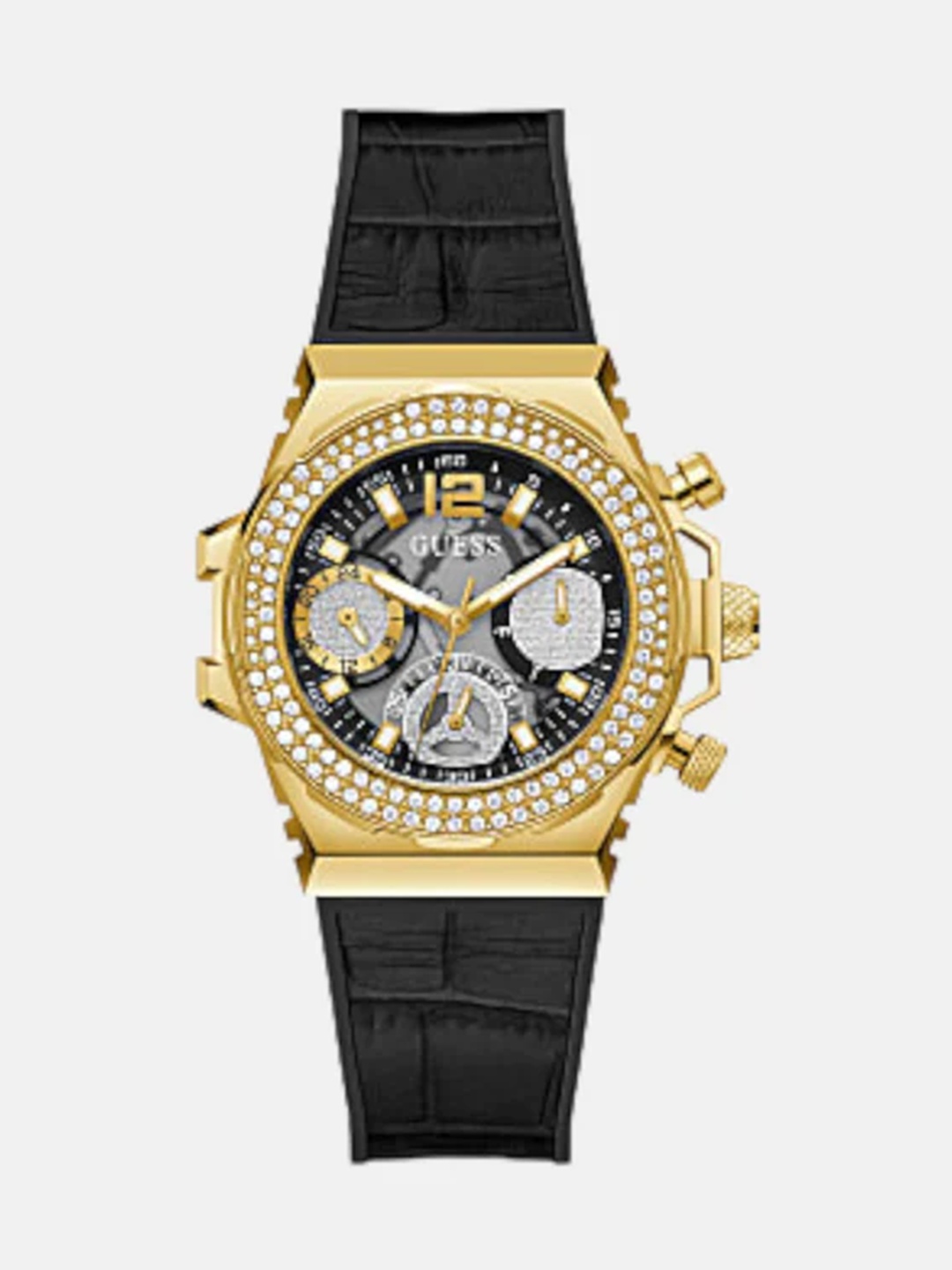 

GUESS Men Embellished Dial Leather Bracelet Style Straps Analogue Watch GW0553L4, Black