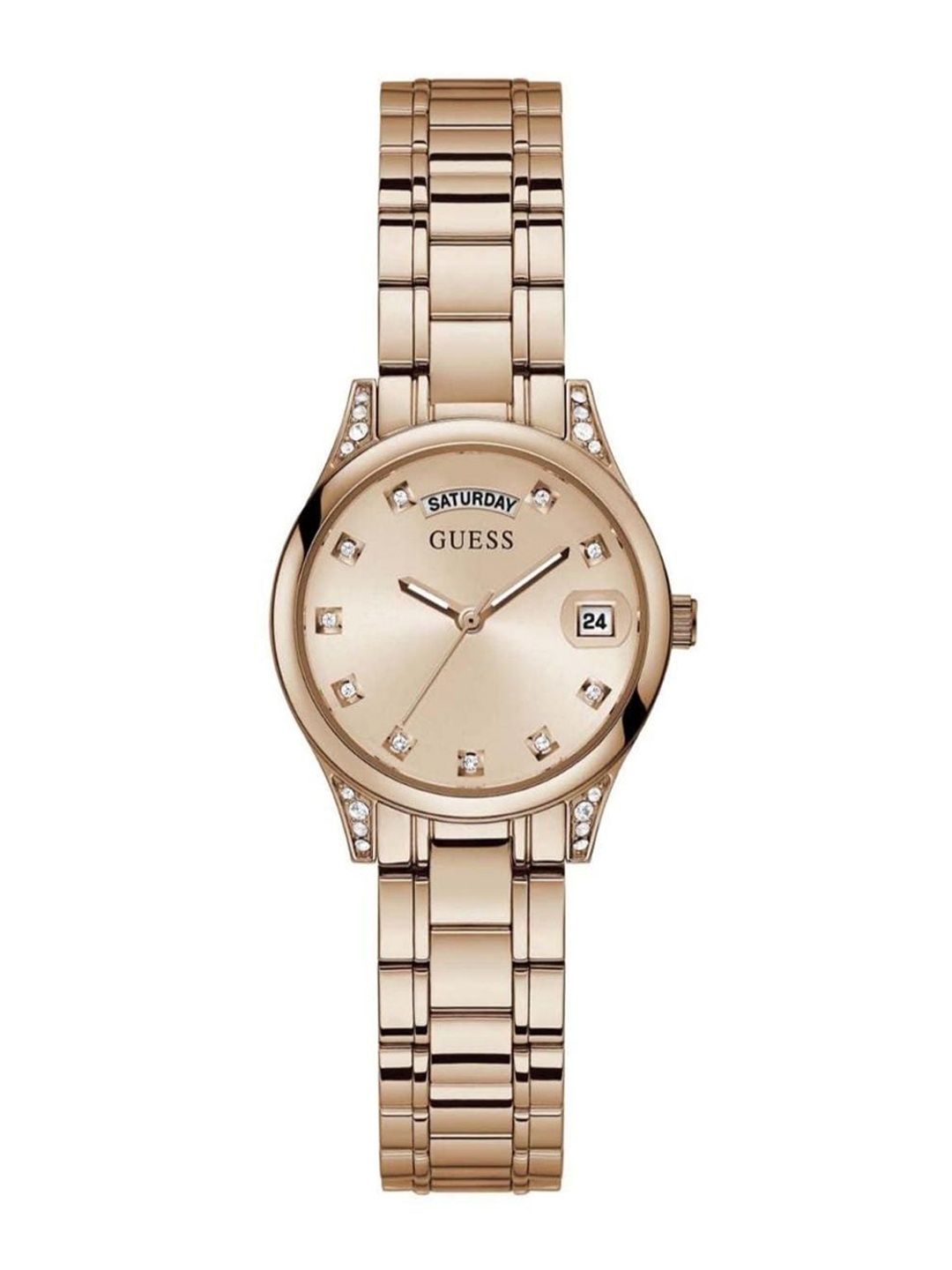 

GUESS Women Printed Dial & Stainless Steel Bracelet Style Straps Analogue Watch, Rose gold
