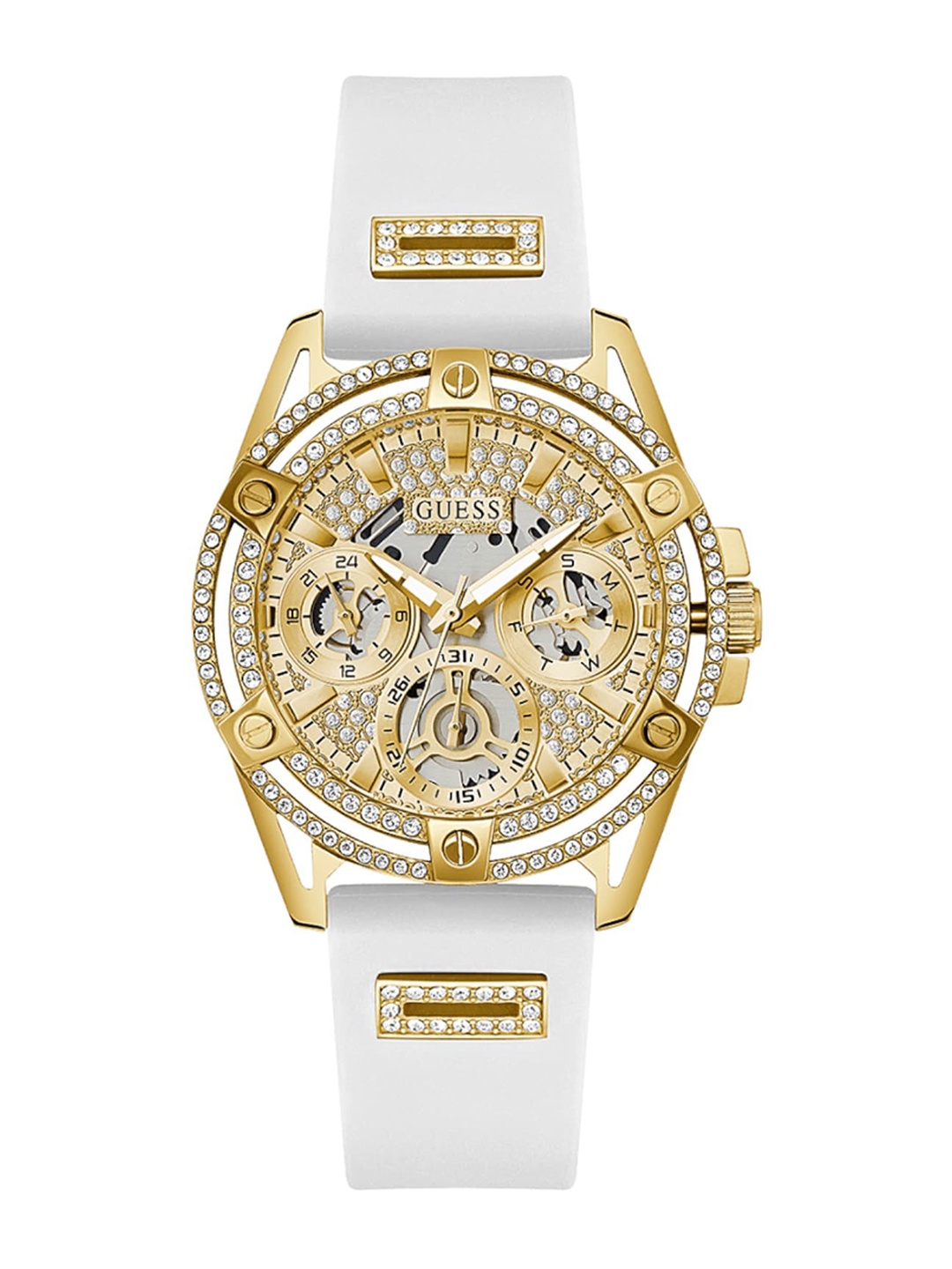 

GUESS Women Embellished Dial & White Straps Analogue Watch GW0536L2, Beige
