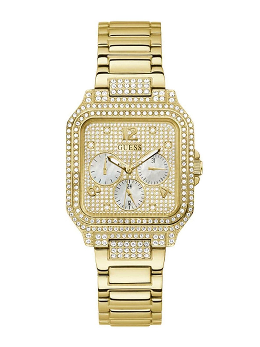 

GUESS Women Embellished Dial & Bracelet Style Straps Analogue Watch GW0472L2, Gold