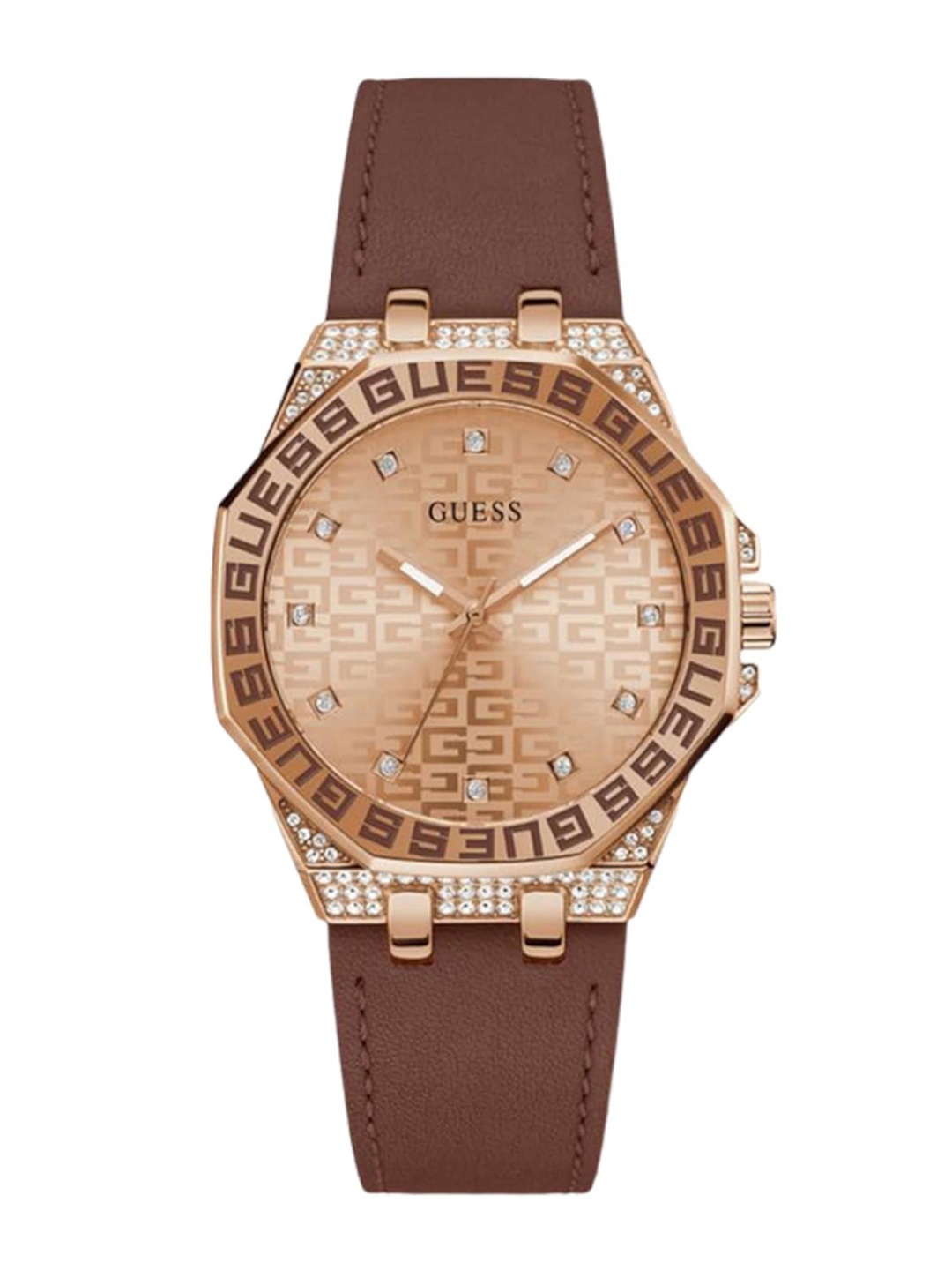 

GUESS Women Embellished Dial & Leather Straps Analogue Watch GW0547L2, Rose gold