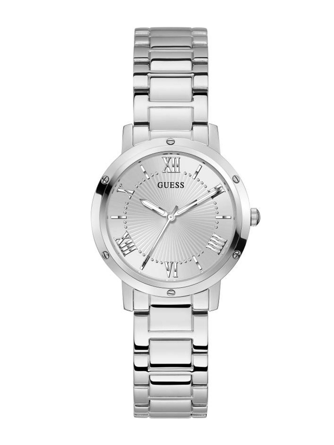 

GUESS Women Toned Stainless Steel Bracelet Style Straps Analogue Watch, Silver
