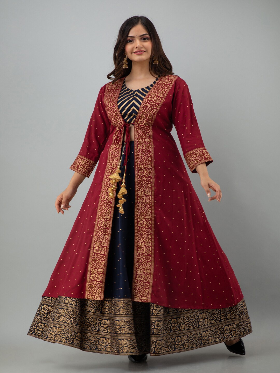 

ftDiva Ethnic Motifs Woven Design Ready to Wear Lehenga & Blouse With Shrug, Maroon