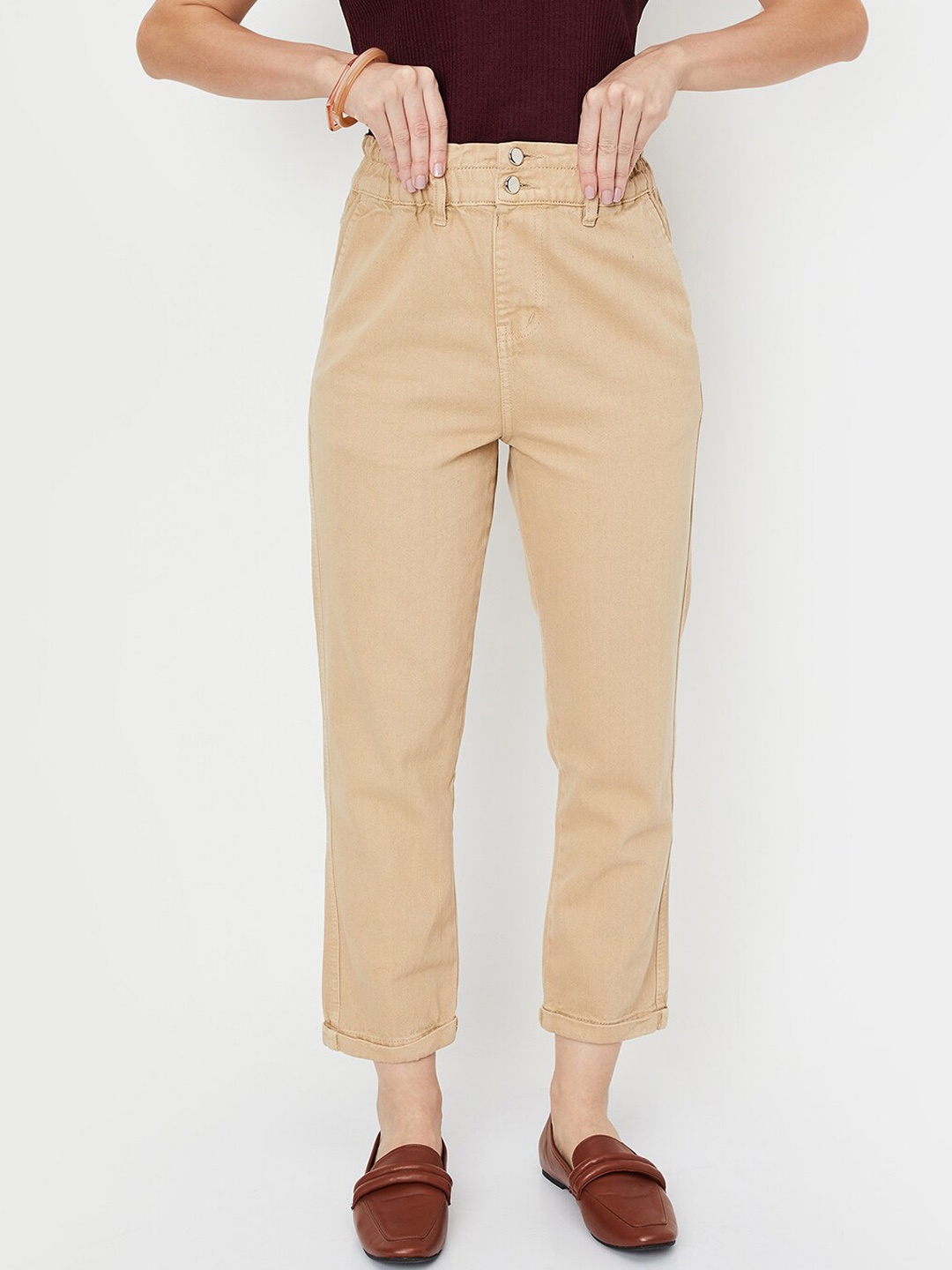 

max Women Mid-Rise Cropped Length Cotton Jeans, Beige
