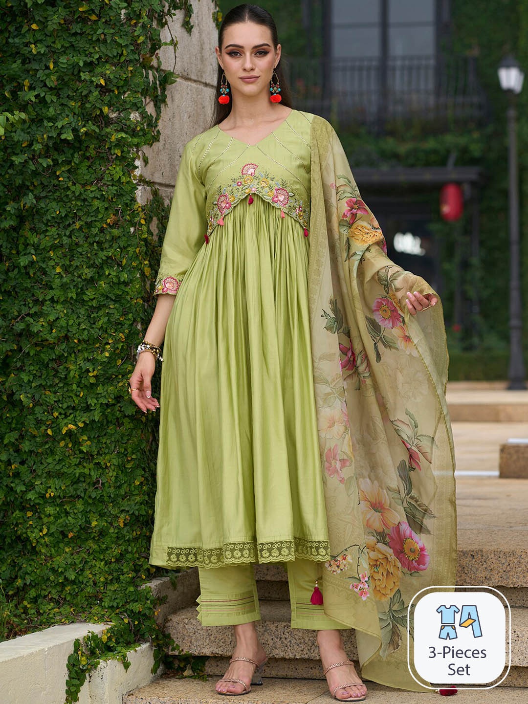 

Indo Era Floral Embroidered Empire Thread Work A-Line Kurta with Trousers & With Dupatta, Green