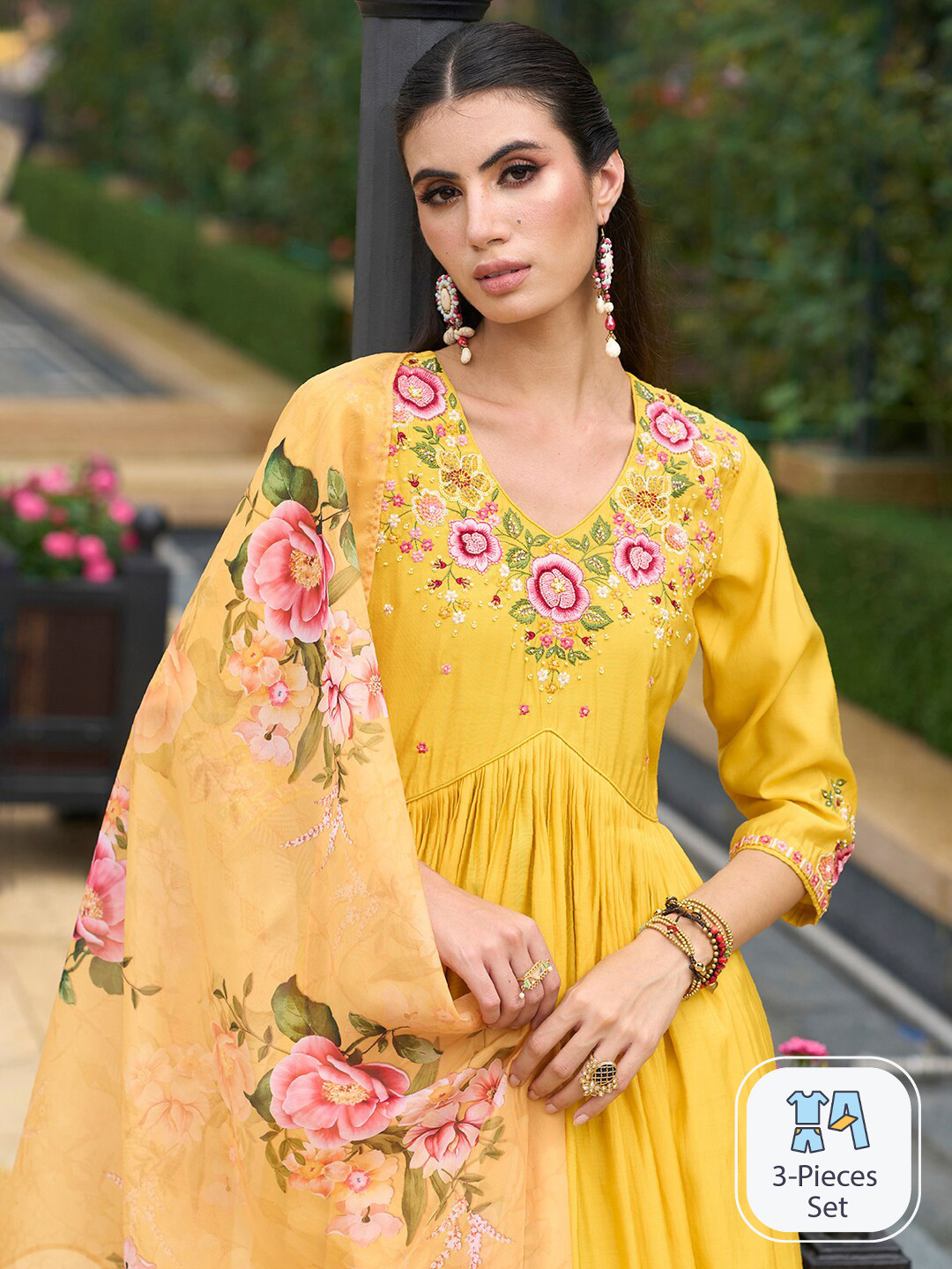 

Indo Era Floral Yoke Design Empire Thread Work Kurta With Trousers & Dupatta, Yellow